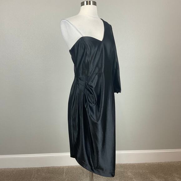 Adrianna Papell Satin One Shoulder Long Sleeve Midi Cocktail Dress Black Size 10 - Picture 2 of 14